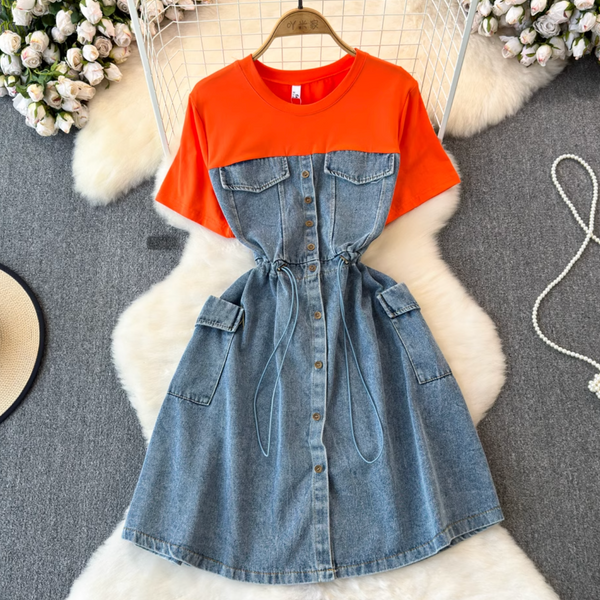 Faux Two-pieces Denim Patchwork Dress