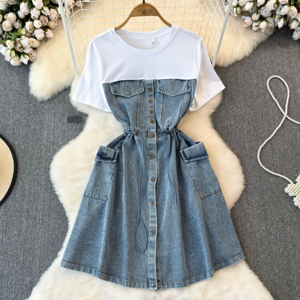Faux Two-pieces Denim Patchwork Dress