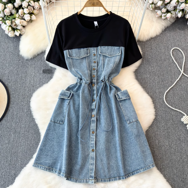 Faux Two-pieces Denim Patchwork Dress