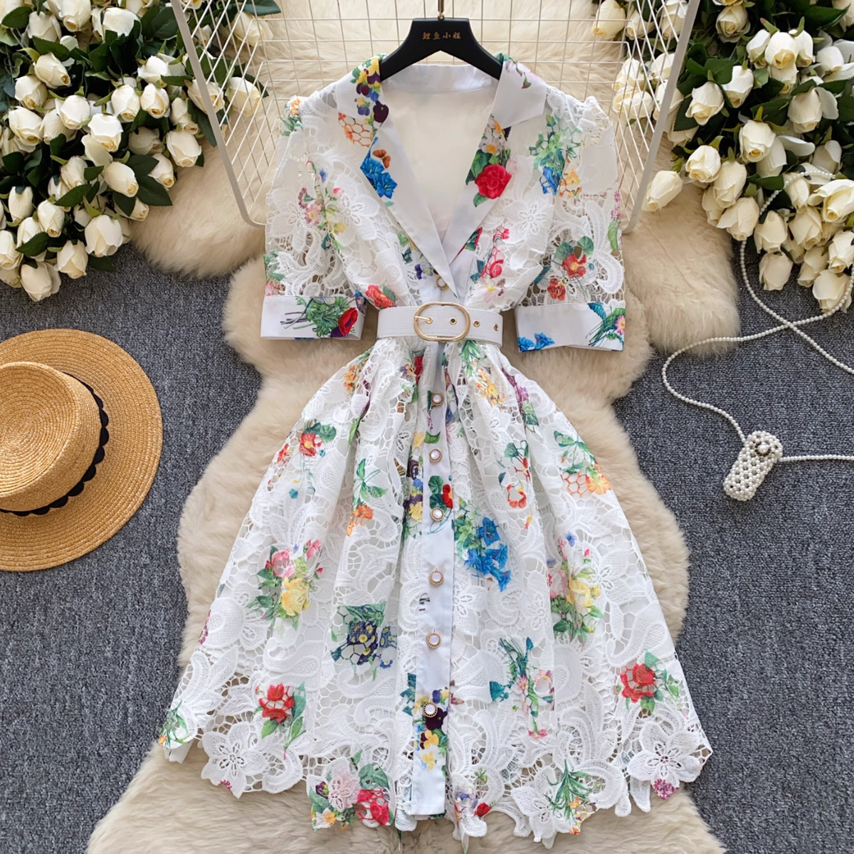 Suit Collar Floral Dress with Belt