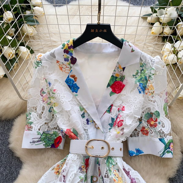 Suit Collar Floral Dress with Belt