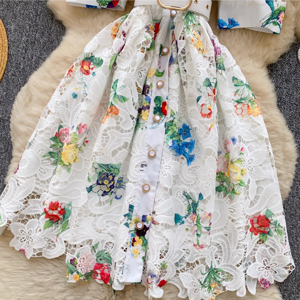 Suit Collar Floral Dress with Belt