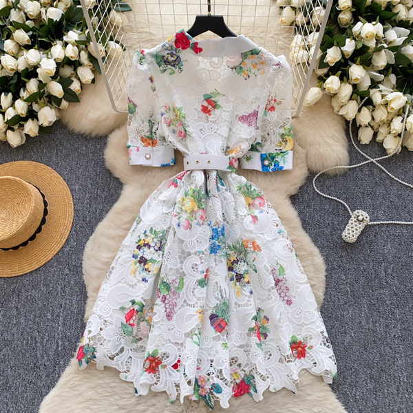 Suit Collar Floral Dress with Belt