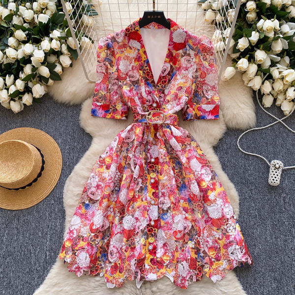 Suit Collar Floral Dress with Belt