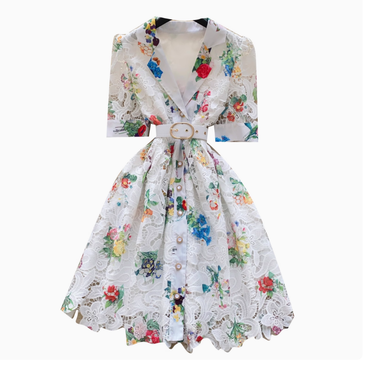 Suit Collar Floral Dress with Belt