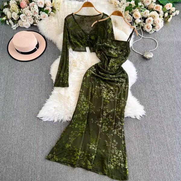 Mesh Shawl & Floral Slip Dress 2Pcs