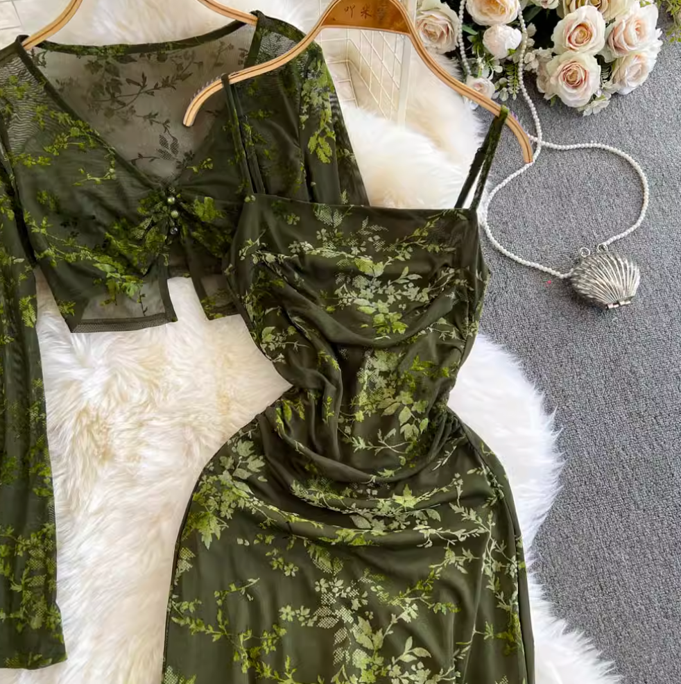 Mesh Shawl & Floral Slip Dress 2Pcs