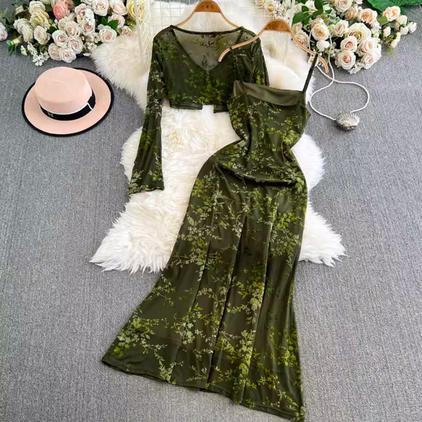 Mesh Shawl & Floral Slip Dress 2Pcs