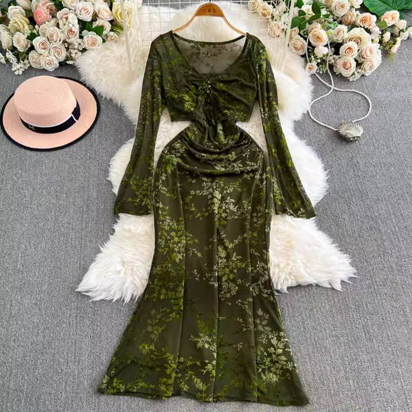 Mesh Shawl & Floral Slip Dress 2Pcs