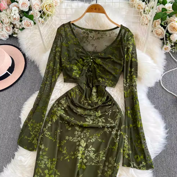 Mesh Shawl & Floral Slip Dress 2Pcs