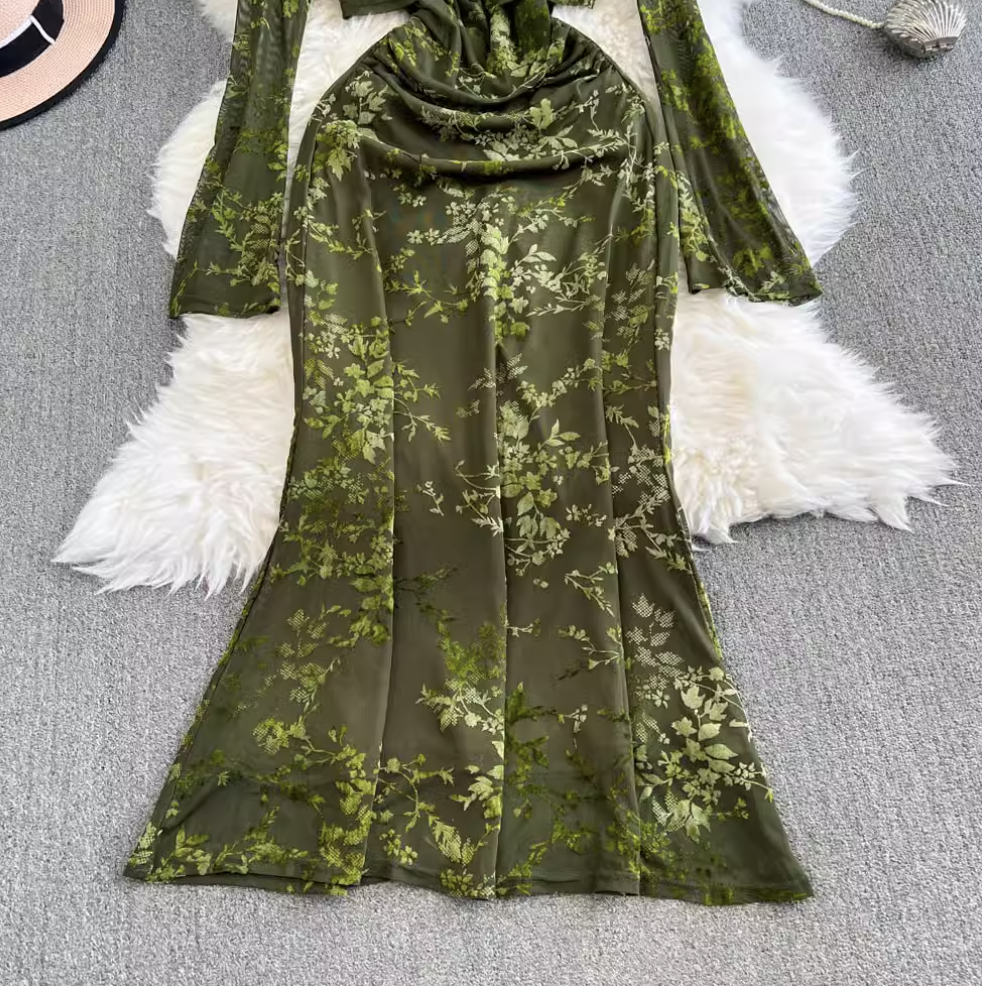 Mesh Shawl & Floral Slip Dress 2Pcs