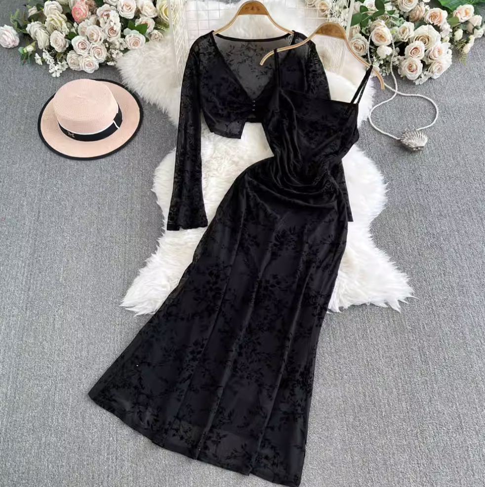Mesh Shawl & Floral Slip Dress 2Pcs