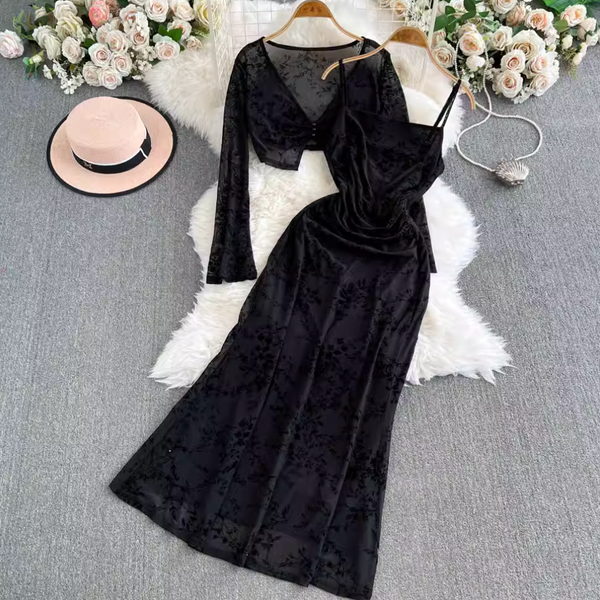 Mesh Shawl & Floral Slip Dress 2Pcs