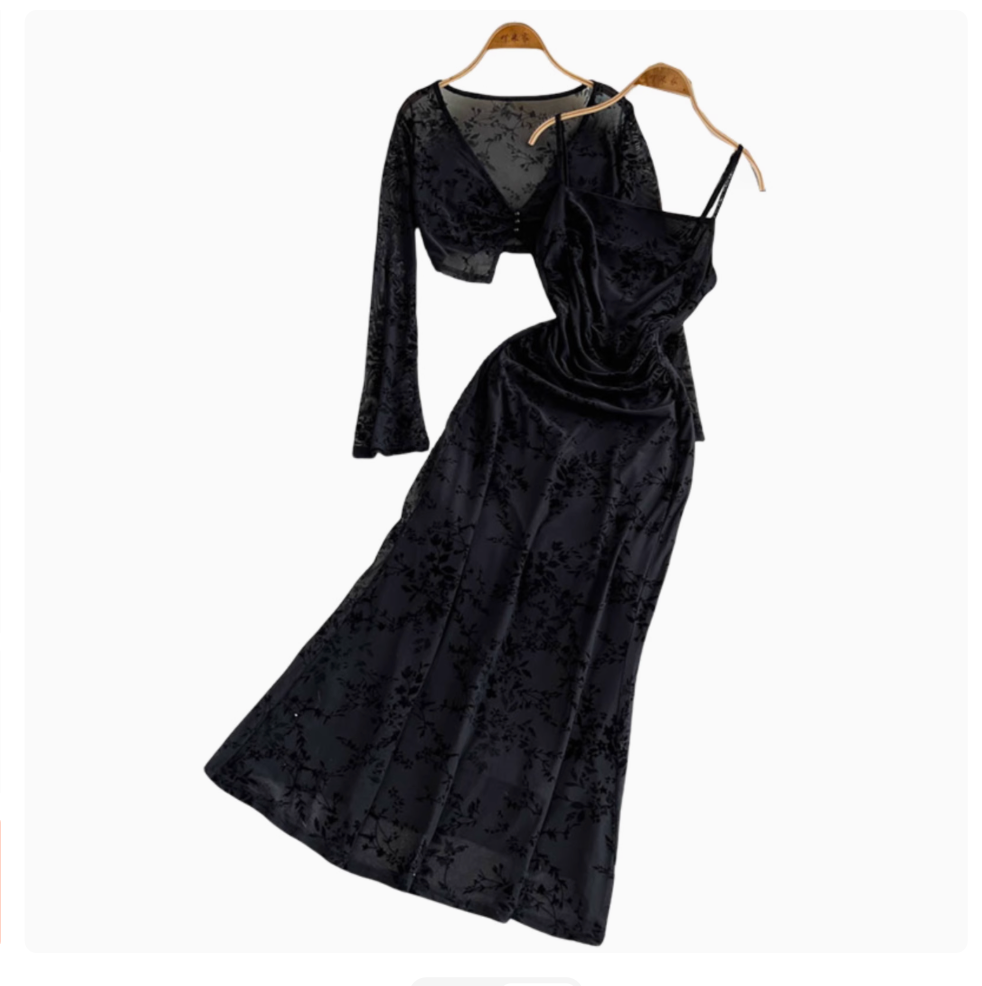 Mesh Shawl & Floral Slip Dress 2Pcs