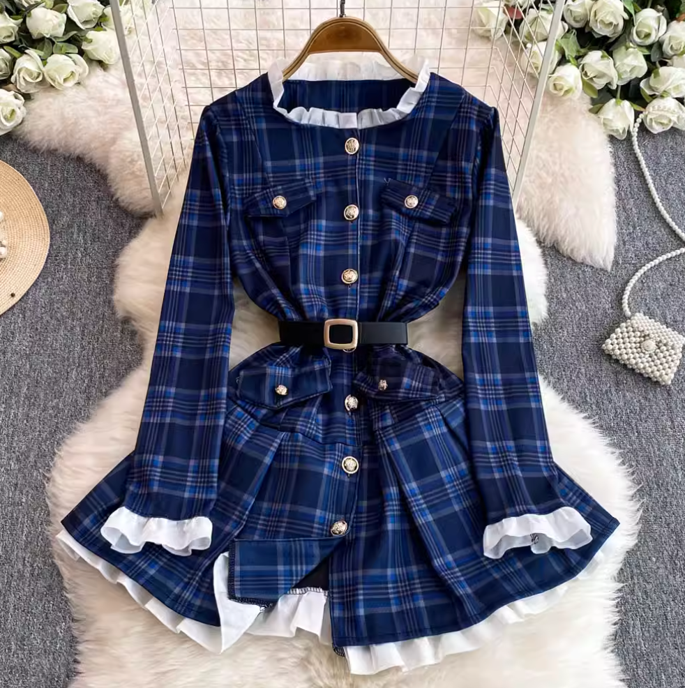 Ruffled Lace Trim Plaid Dress