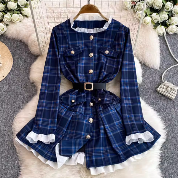 Ruffled Lace Trim Plaid Dress