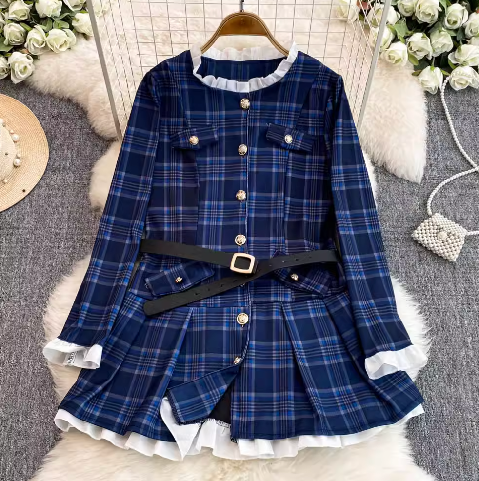 Ruffled Lace Trim Plaid Dress