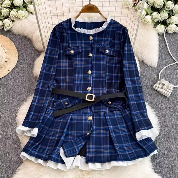 Ruffled Lace Trim Plaid Dress