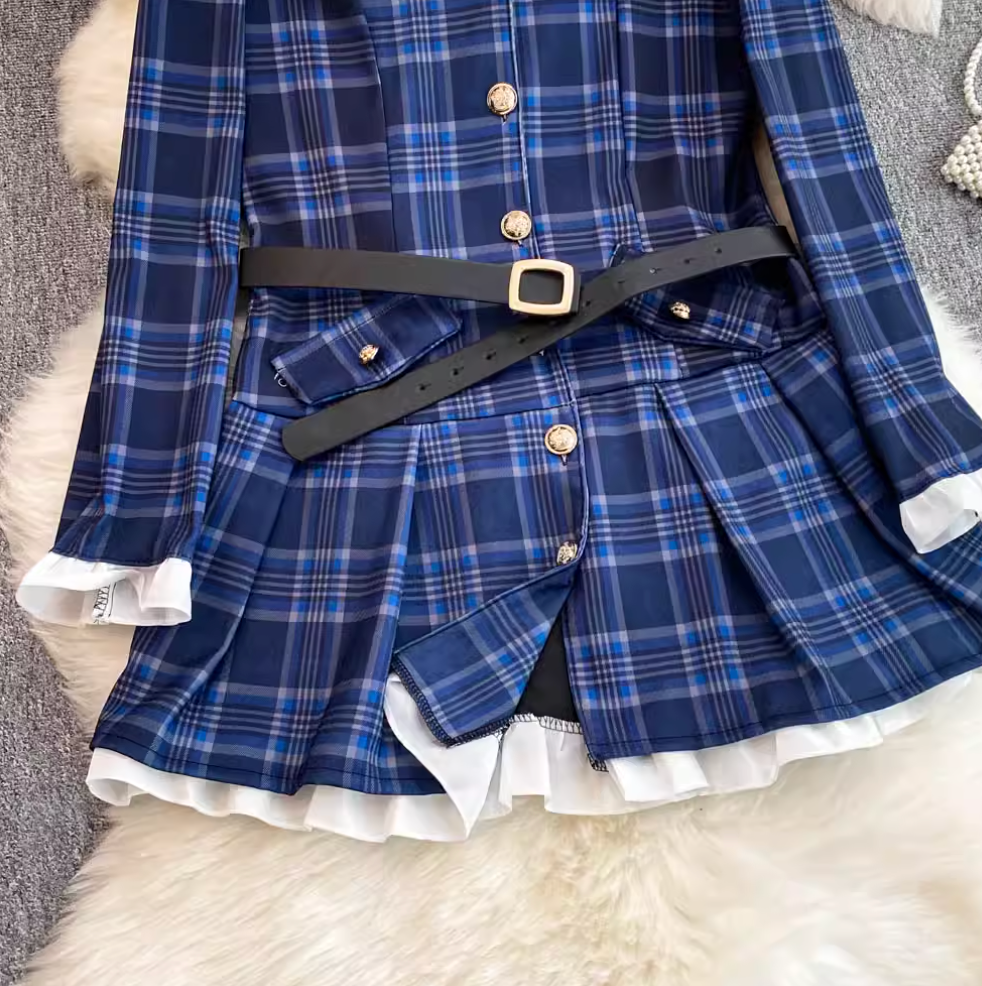 Ruffled Lace Trim Plaid Dress