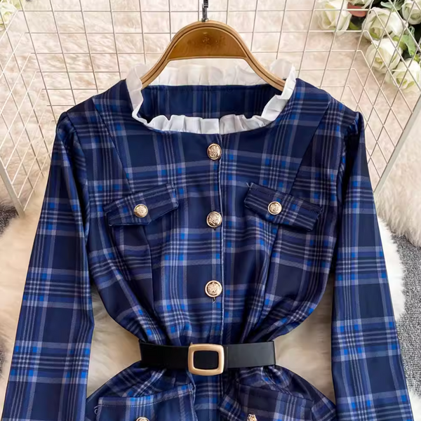 Ruffled Lace Trim Plaid Dress