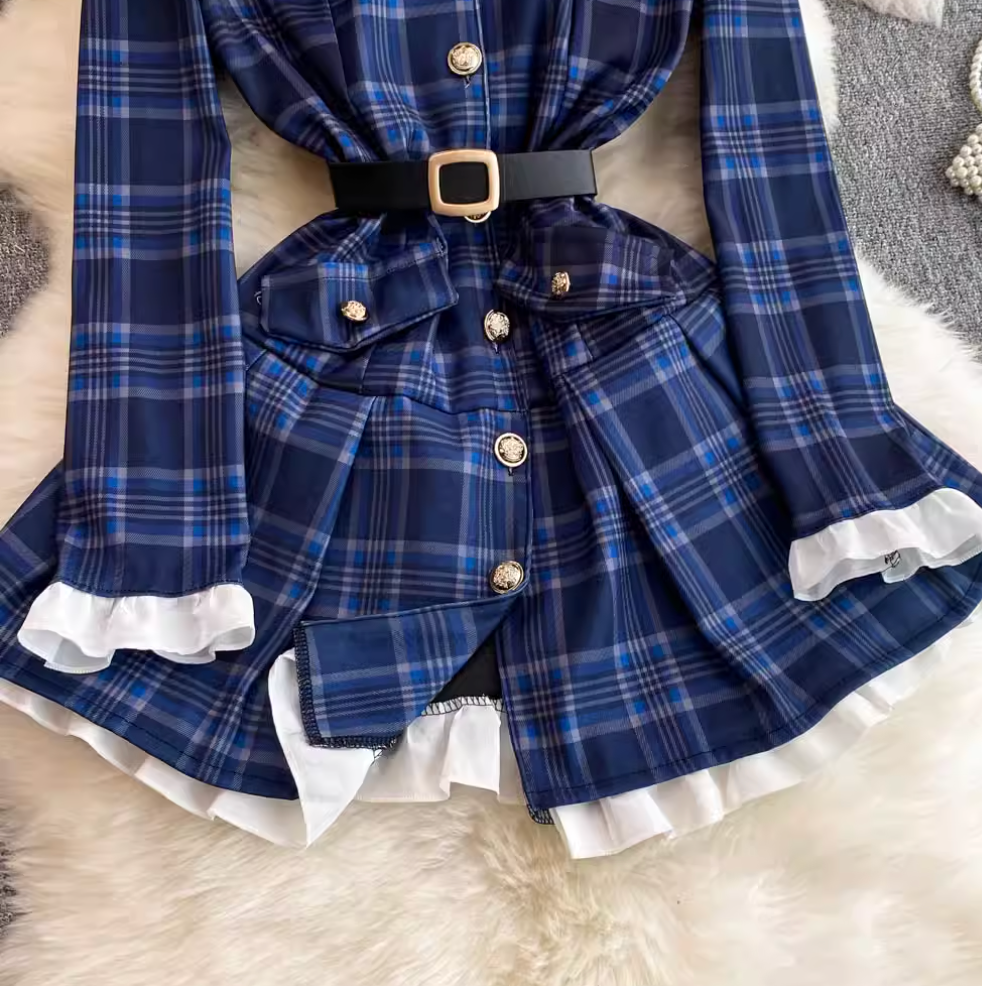 Ruffled Lace Trim Plaid Dress
