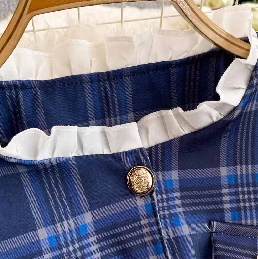 Ruffled Lace Trim Plaid Dress