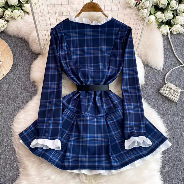 Ruffled Lace Trim Plaid Dress