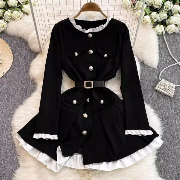 Ruffled Lace Trim Plaid Dress