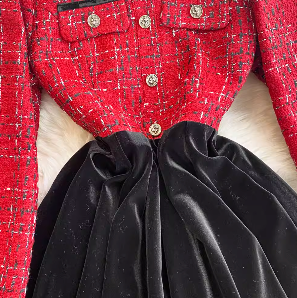 French Style Suede Patchwork Dress