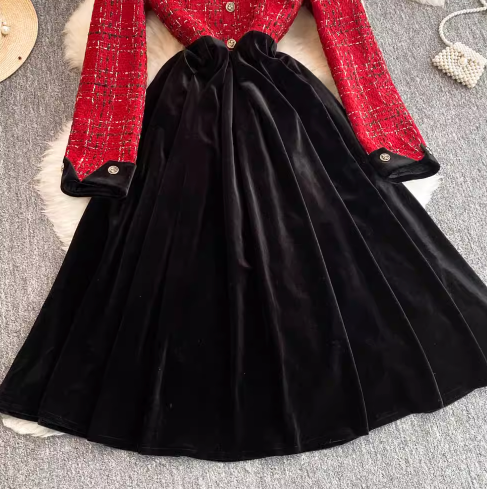 French Style Suede Patchwork Dress