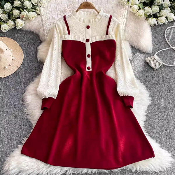 Faux Two-pieces Ruffled Patchwork Dress
