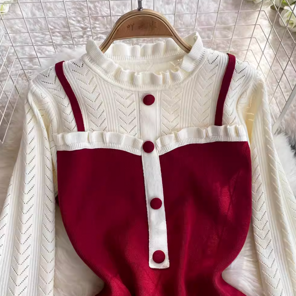 Faux Two-pieces Ruffled Patchwork Dress