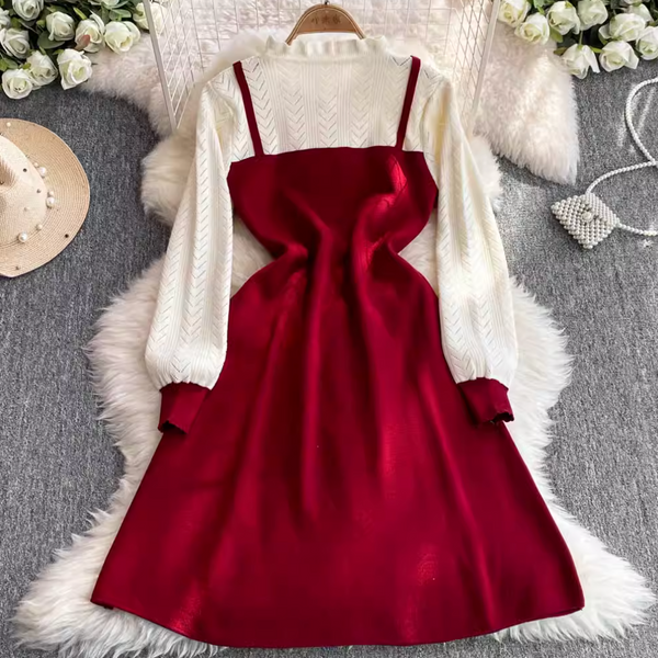 Faux Two-pieces Ruffled Patchwork Dress