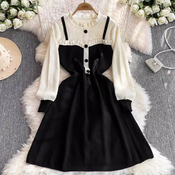 Faux Two-pieces Ruffled Patchwork Dress