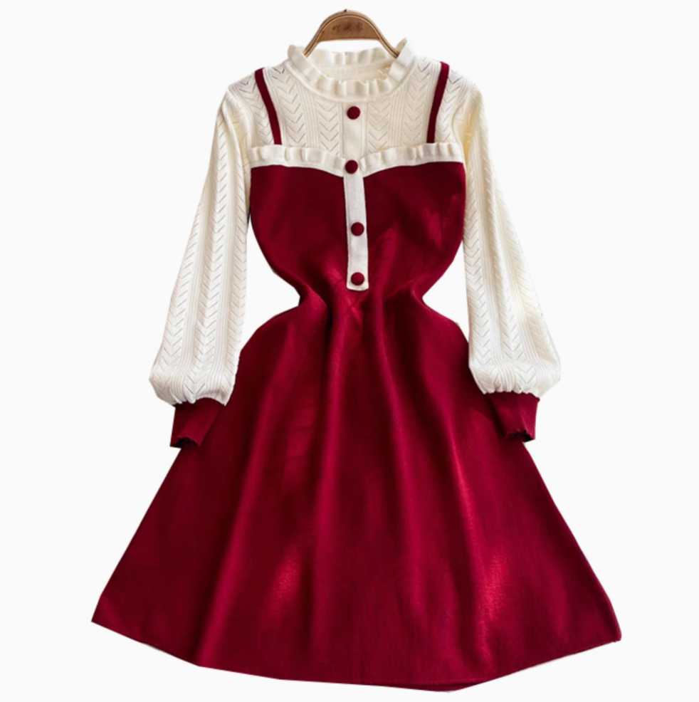 Faux Two-pieces Ruffled Patchwork Dress