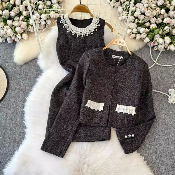 Elegant Blazer & Beaded Dress 2Pcs