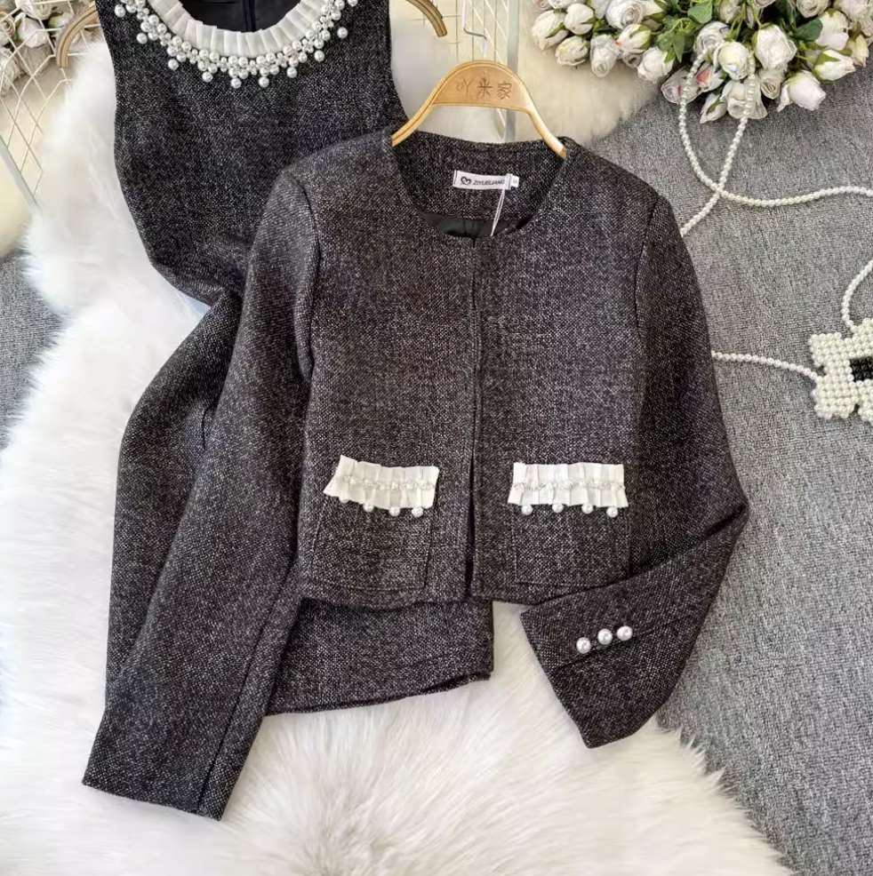 Elegant Blazer & Beaded Dress 2Pcs