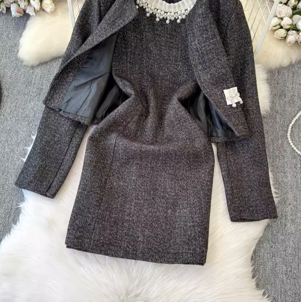 Elegant Blazer & Beaded Dress 2Pcs