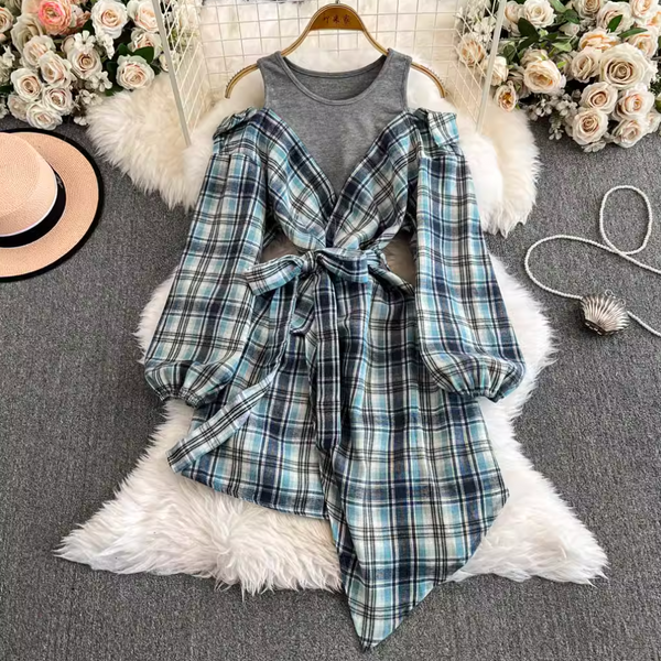 Vintage Plaid Printed Patchwork Dress