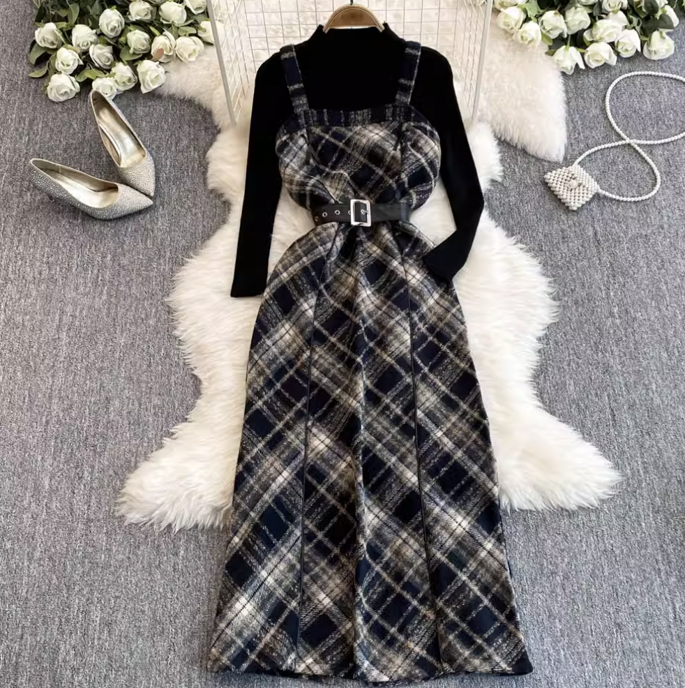 Plaid Slip Dress & Black Sweater 2Pcs