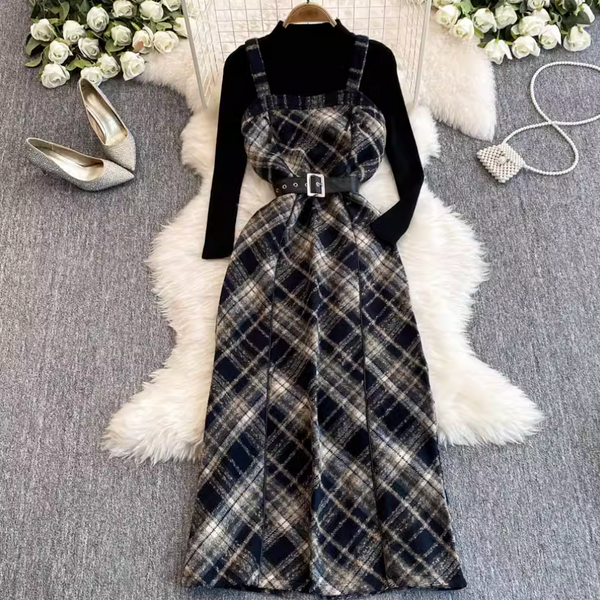 Plaid Slip Dress & Black Sweater 2Pcs
