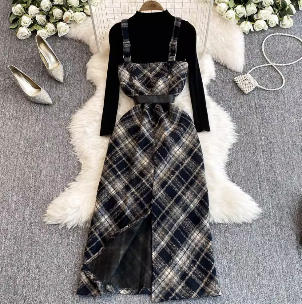 Plaid Slip Dress & Black Sweater 2Pcs