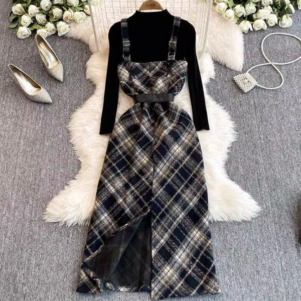 Plaid Slip Dress & Black Sweater 2Pcs