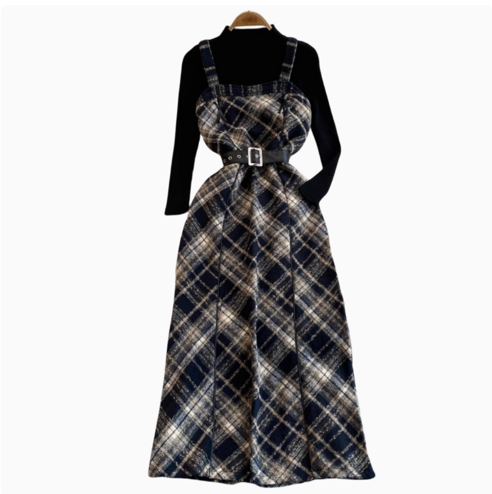 Plaid Slip Dress & Black Sweater 2Pcs