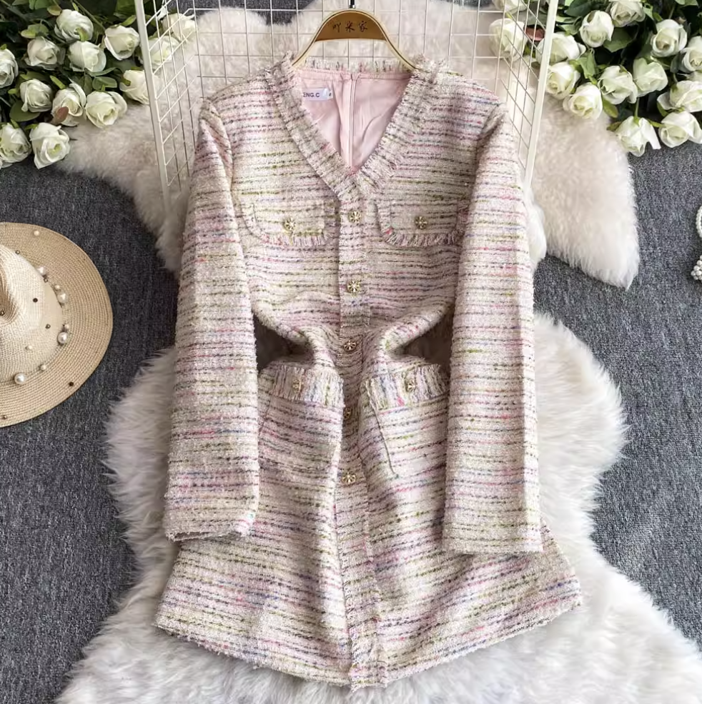 Elegant V-neck Pink Tweed Dress