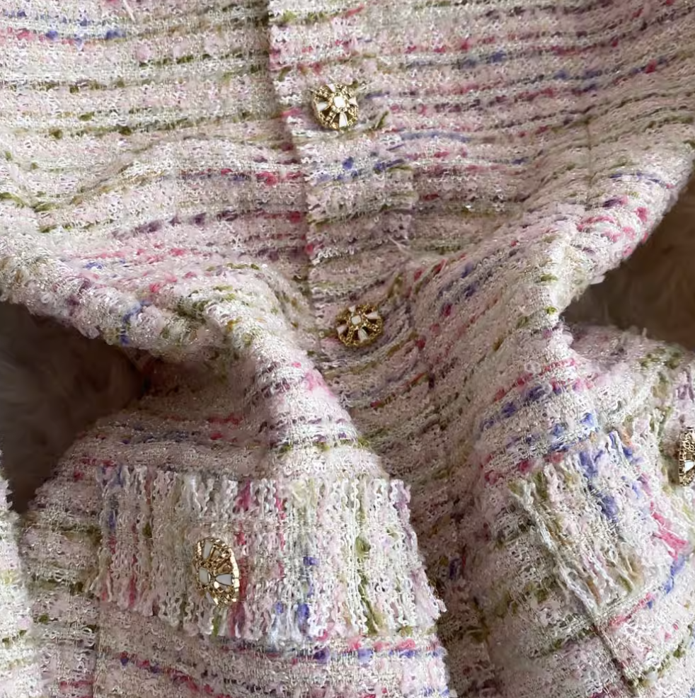 Elegant V-neck Pink Tweed Dress