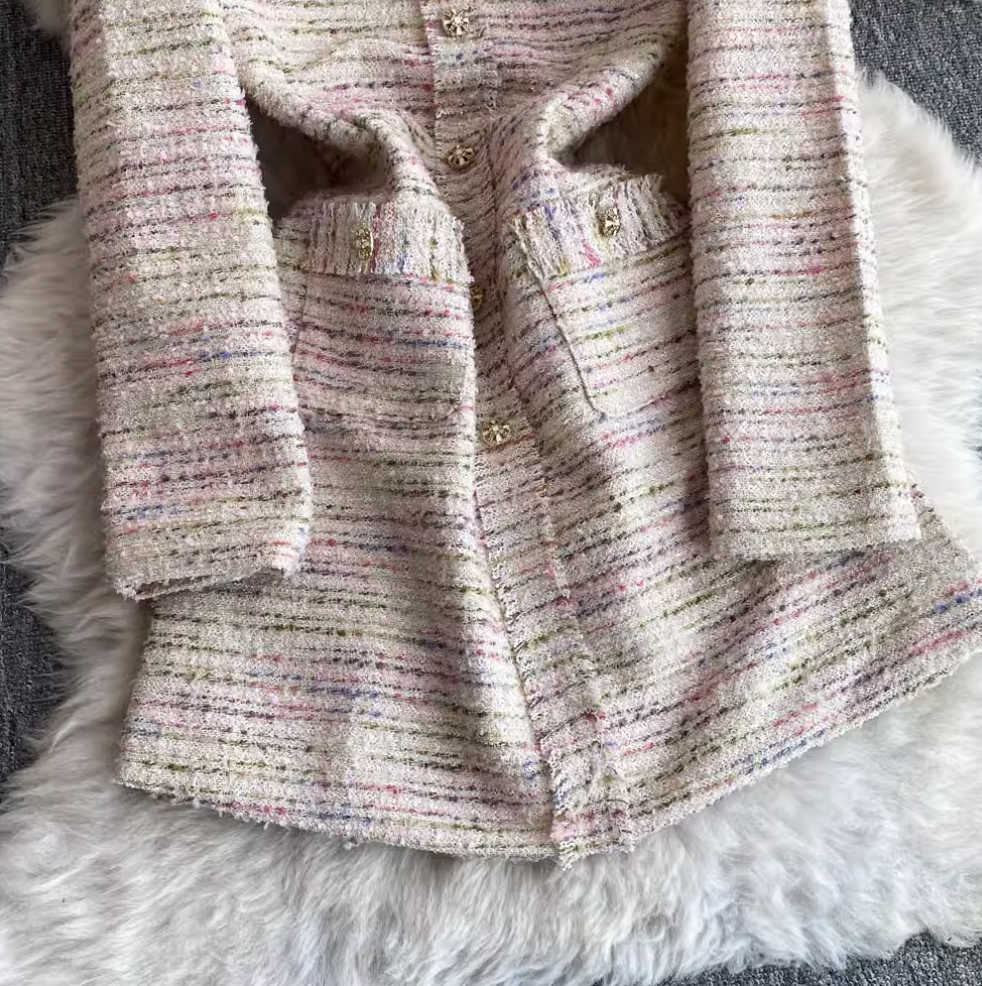 Elegant V-neck Pink Tweed Dress