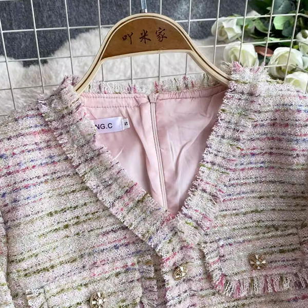 Elegant V-neck Pink Tweed Dress