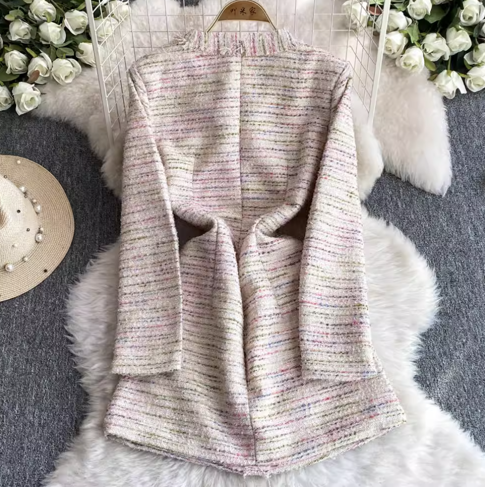 Elegant V-neck Pink Tweed Dress