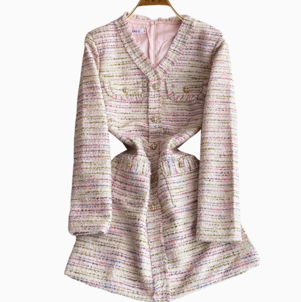 Elegant V-neck Pink Tweed Dress